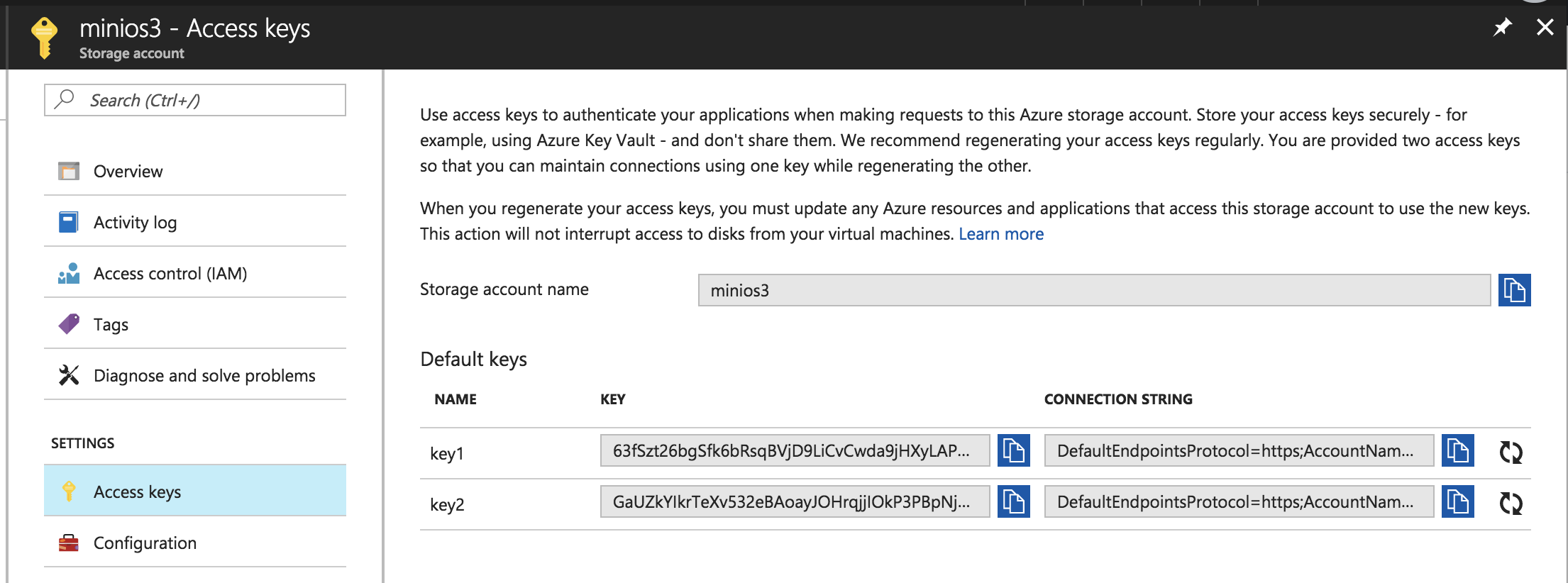 Azure storage account screenshot